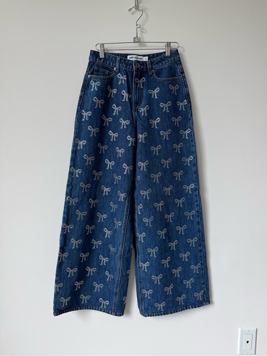 Self-Portrait Denim - Self-Portrait High Rise Wide Leg Jeans with Crystal Bow Embellishments - Size 25